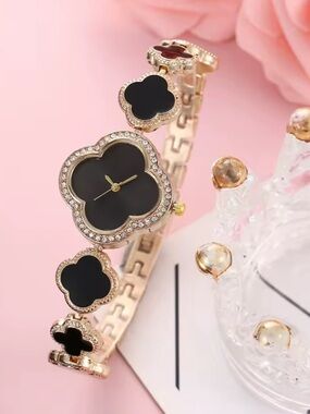 Macy's Rose Gold Bracelet Watch with Black Clover Motif